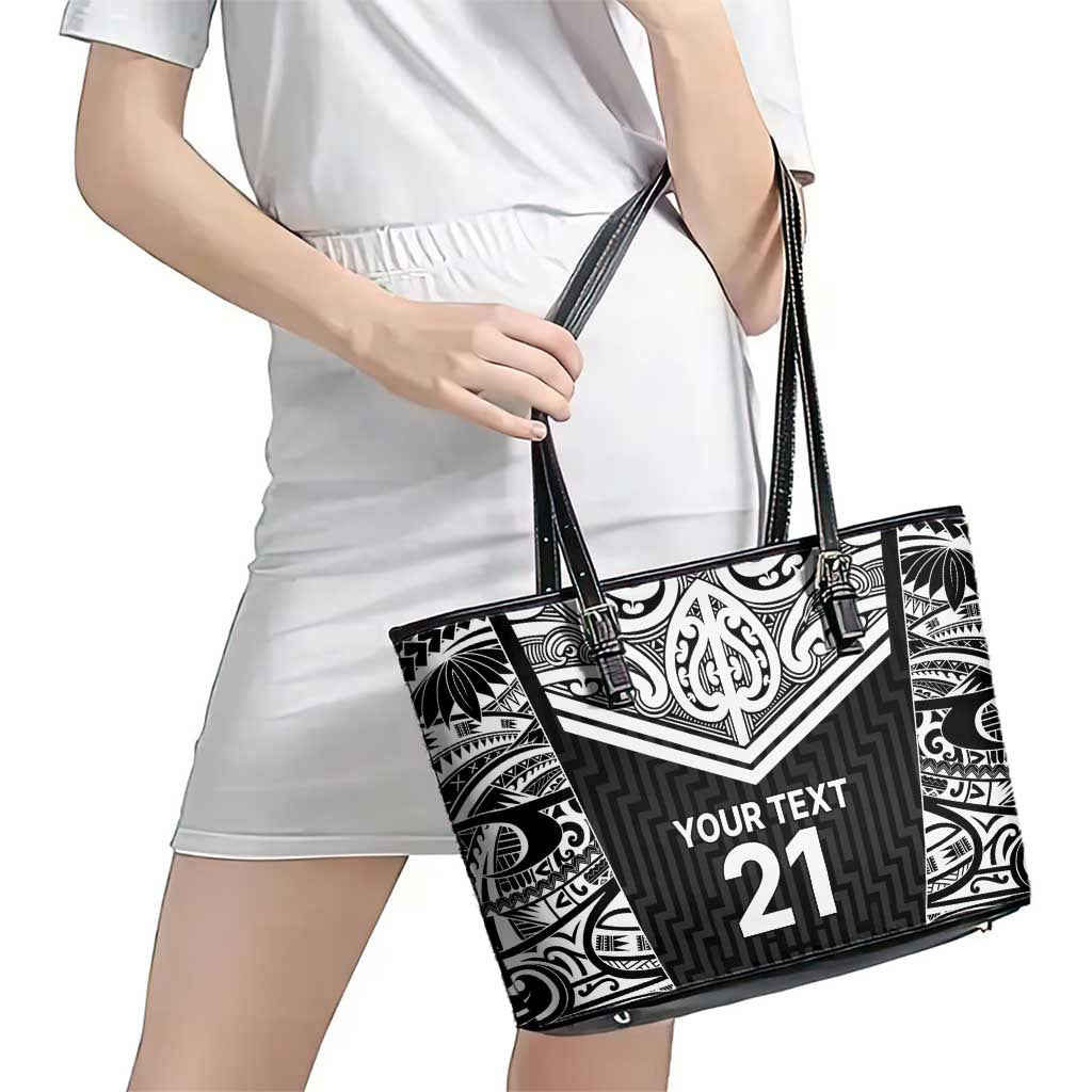 New Zealand Black Fern Custom Leather Tote Bag Maori Tukutuku Black-white Motif LT9 - Polynesian Pride