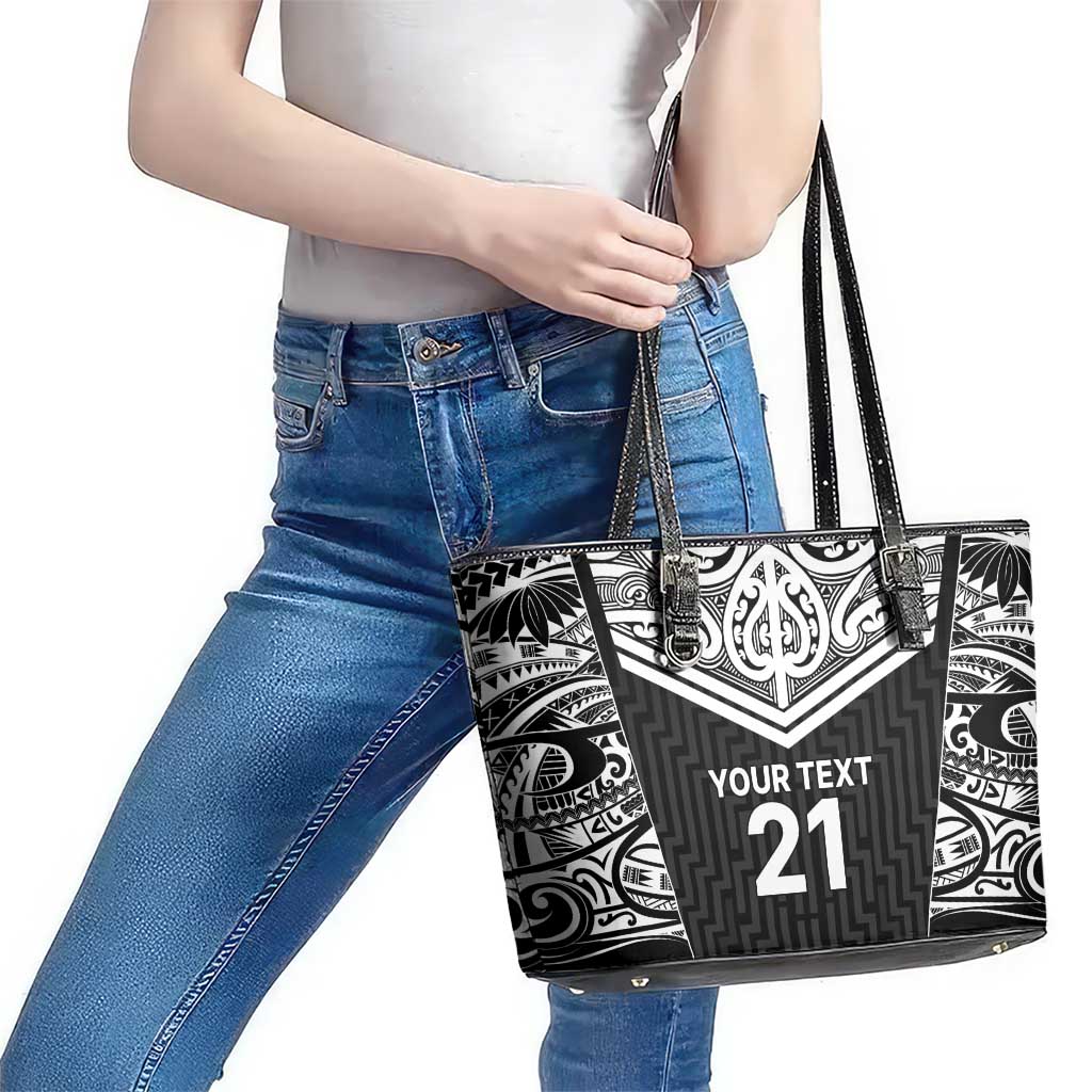 New Zealand Black Fern Custom Leather Tote Bag Maori Tukutuku Black-white Motif LT9 - Polynesian Pride