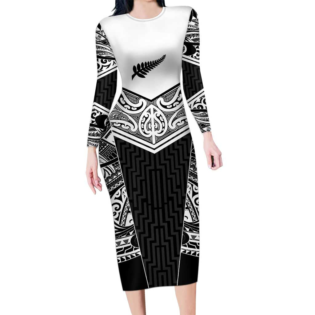 New Zealand Black Fern Custom Long Sleeve Bodycon Dress Maori Tukutuku Black-white Motif