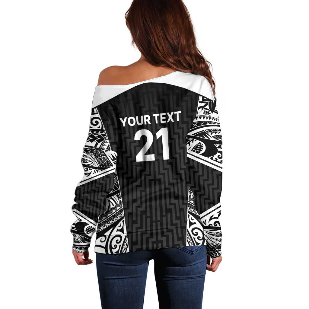 New Zealand Black Fern Custom Off Shoulder Sweater Maori Tukutuku Black-white Motif LT9 - Polynesian Pride