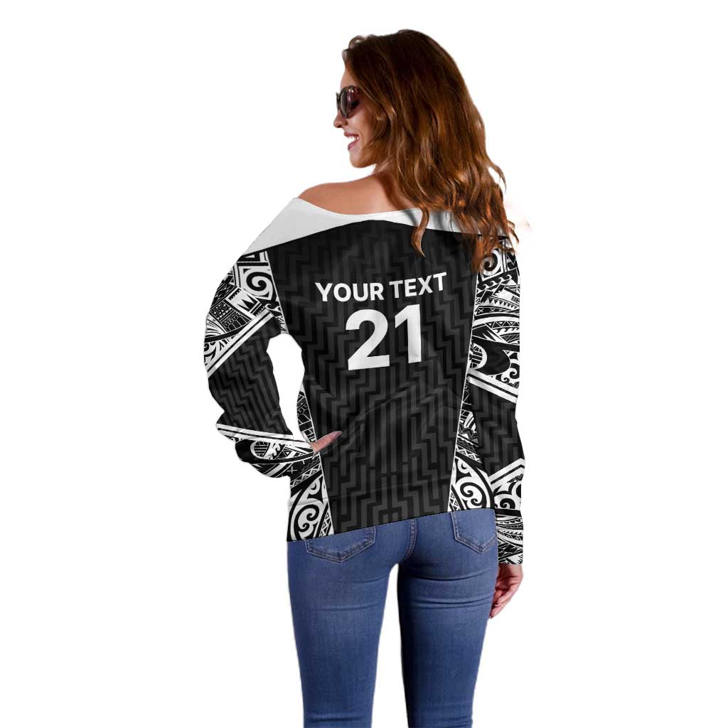 New Zealand Black Fern Custom Off Shoulder Sweater Maori Tukutuku Black-white Motif LT9 - Polynesian Pride