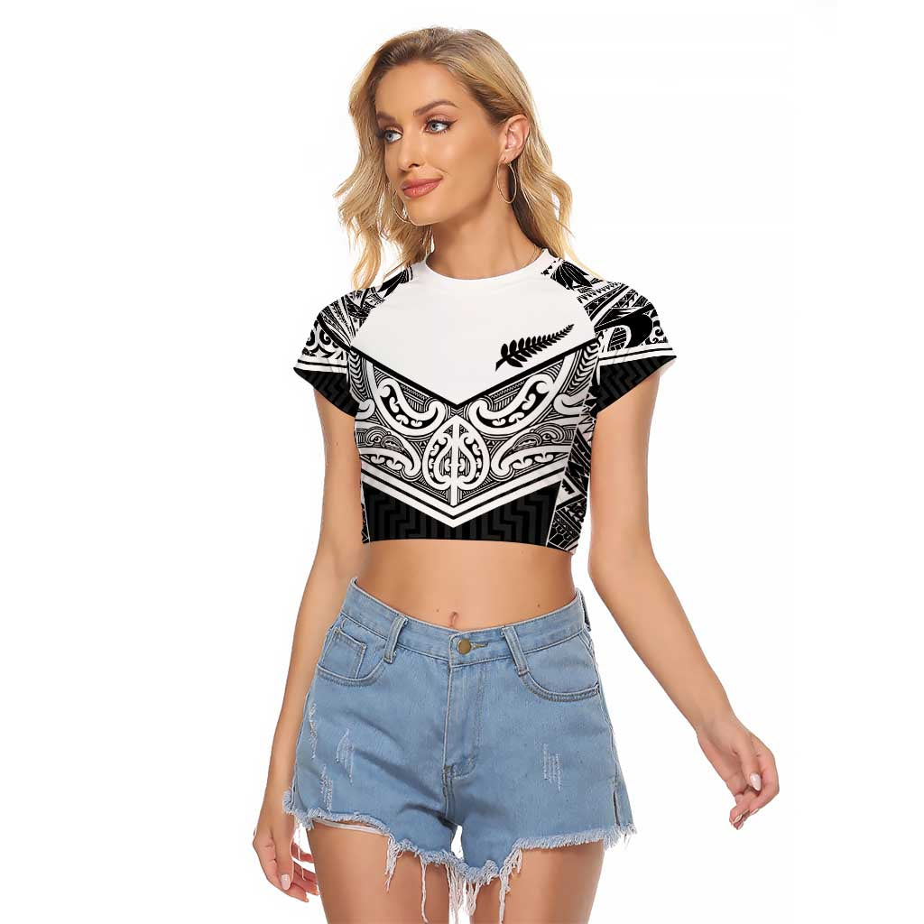 New Zealand Black Fern Custom Raglan Cropped T Shirt Maori Tukutuku Black-white Motif