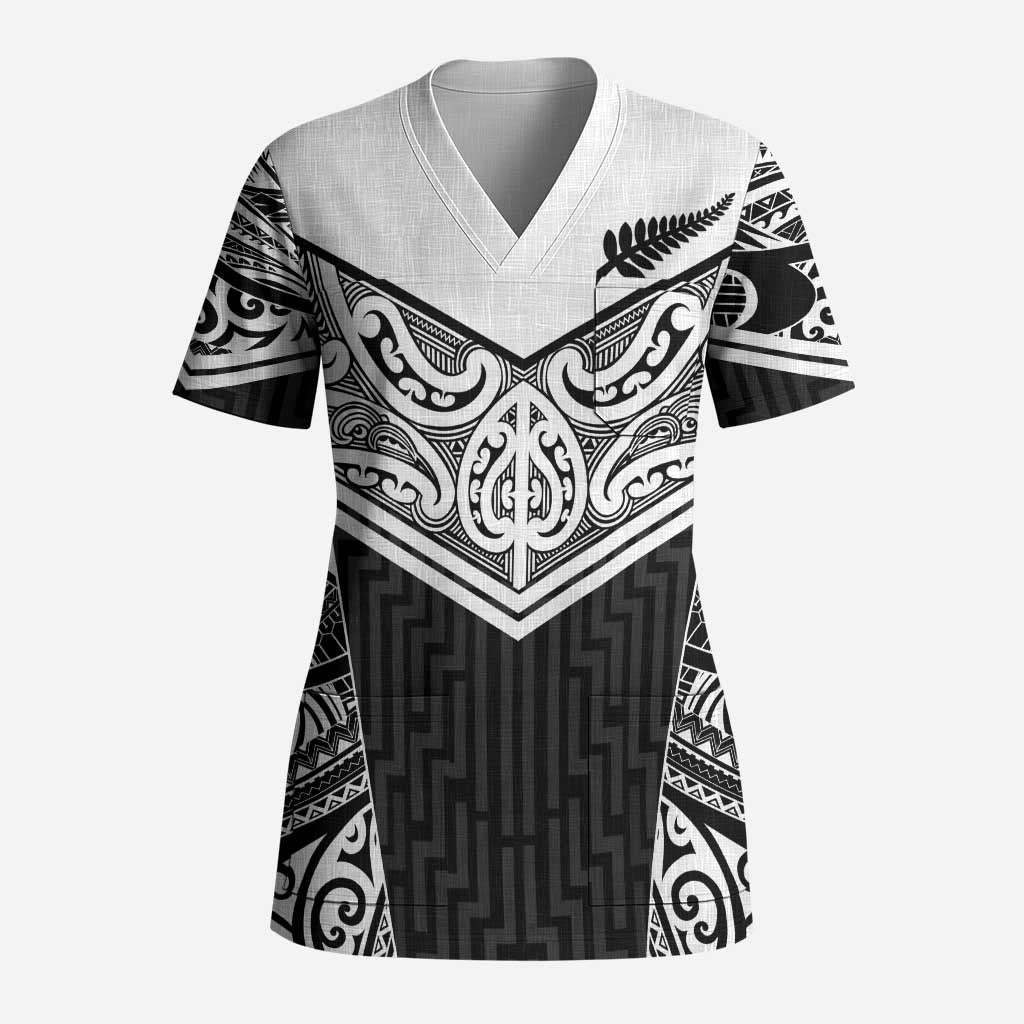 New Zealand Black Fern Custom Scrub Top Maori Tukutuku Black-white Motif LT9 Adult White - Polynesian Pride
