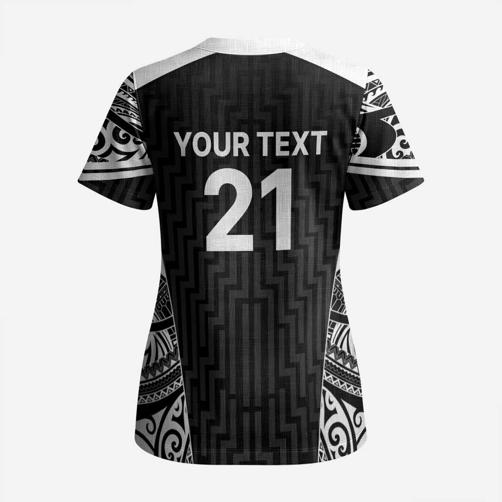 New Zealand Black Fern Custom Scrub Top Maori Tukutuku Black-white Motif LT9 - Polynesian Pride