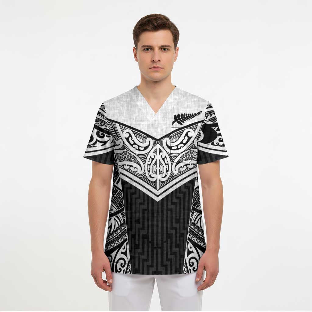 New Zealand Black Fern Custom Scrub Top Maori Tukutuku Black-white Motif LT9 - Polynesian Pride