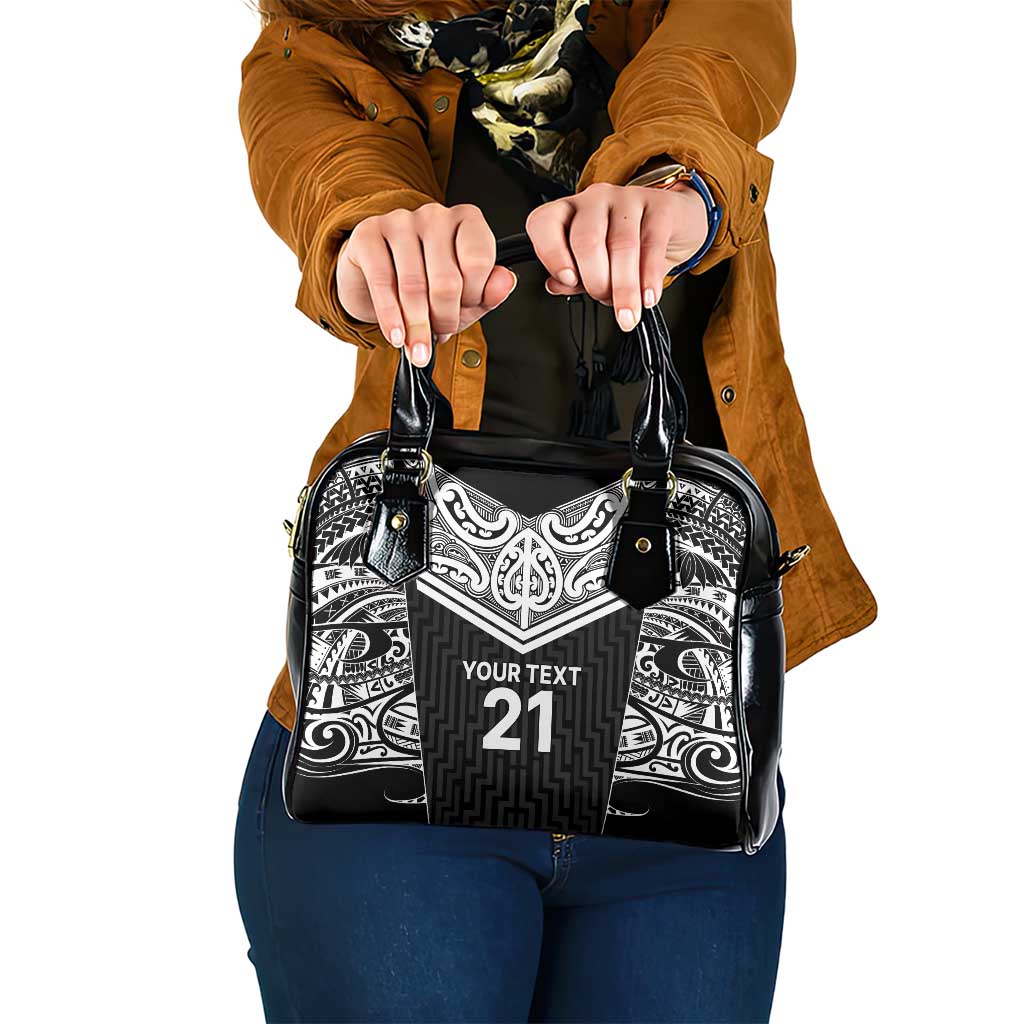 New Zealand Black Fern Custom Shoulder Handbag Maori Tukutuku Black-white Motif LT9 One Size White - Polynesian Pride
