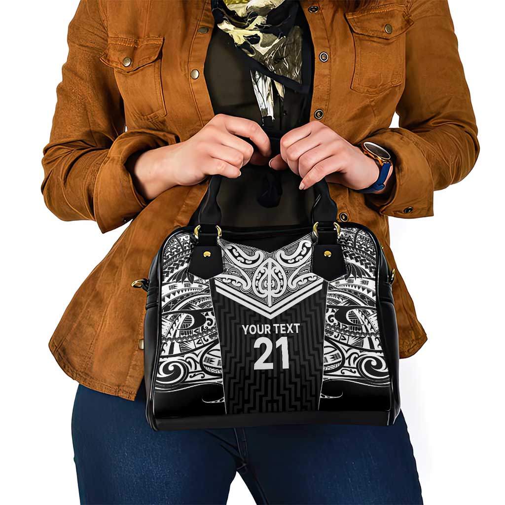 New Zealand Black Fern Custom Shoulder Handbag Maori Tukutuku Black-white Motif LT9 - Polynesian Pride