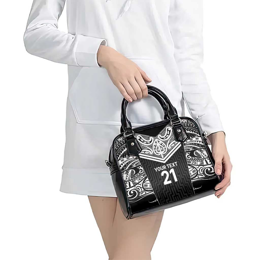 New Zealand Black Fern Custom Shoulder Handbag Maori Tukutuku Black-white Motif LT9 - Polynesian Pride