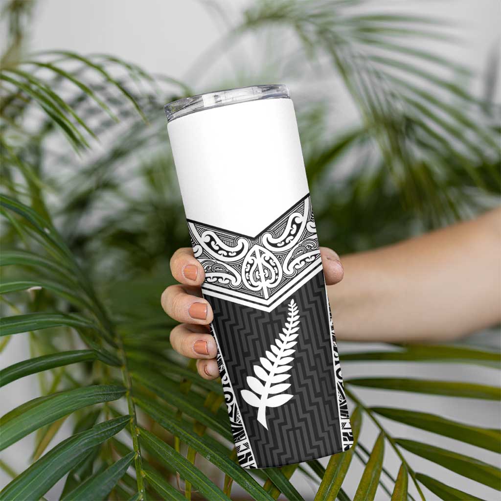 New Zealand Black Fern Custom Skinny Tumbler Maori Tukutuku Black-white Motif LT9 - Polynesian Pride