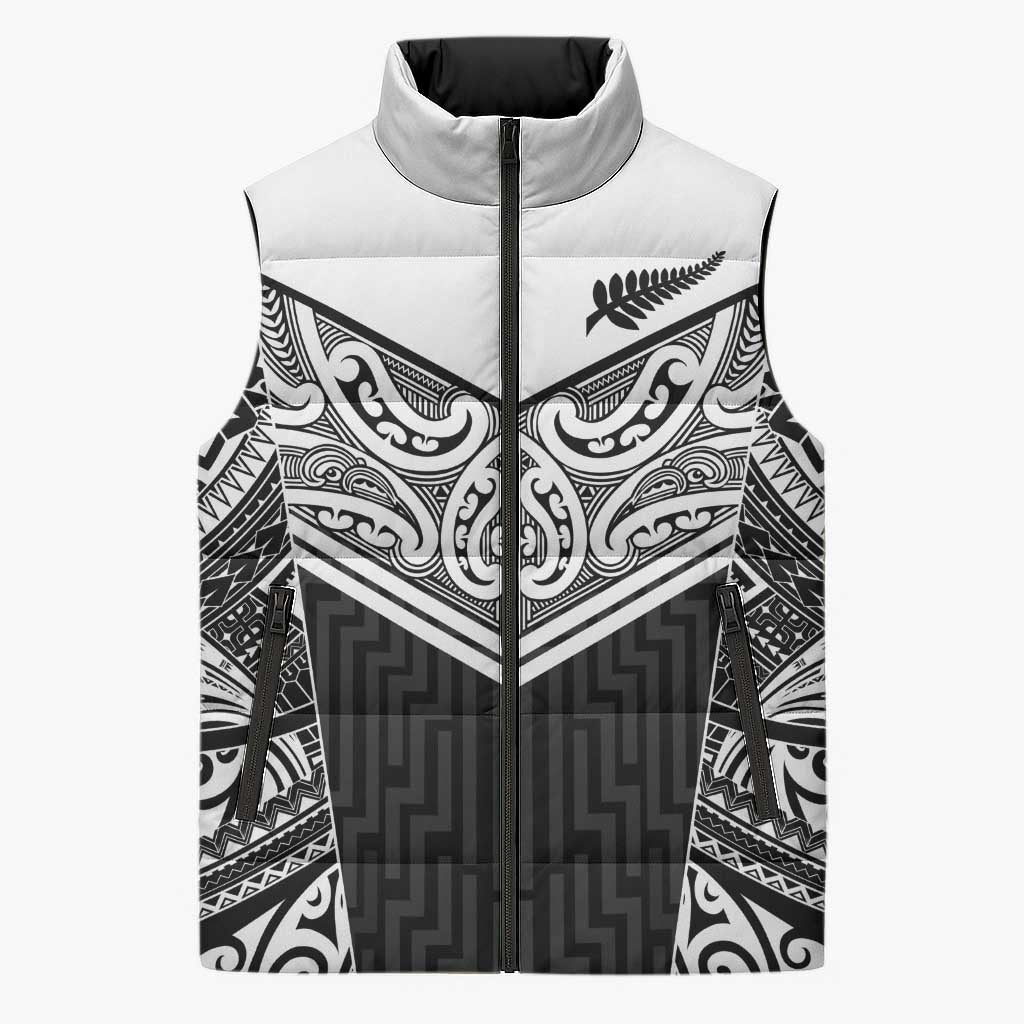New Zealand Black Fern Custom Sleeveless Puffer Jacket Maori Tukutuku Black-white Motif LT9 Unisex White - Polynesian Pride