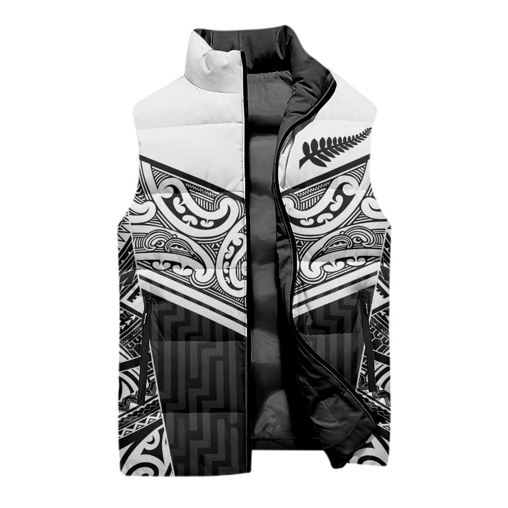 New Zealand Black Fern Custom Sleeveless Puffer Jacket Maori Tukutuku Black-white Motif LT9 - Polynesian Pride