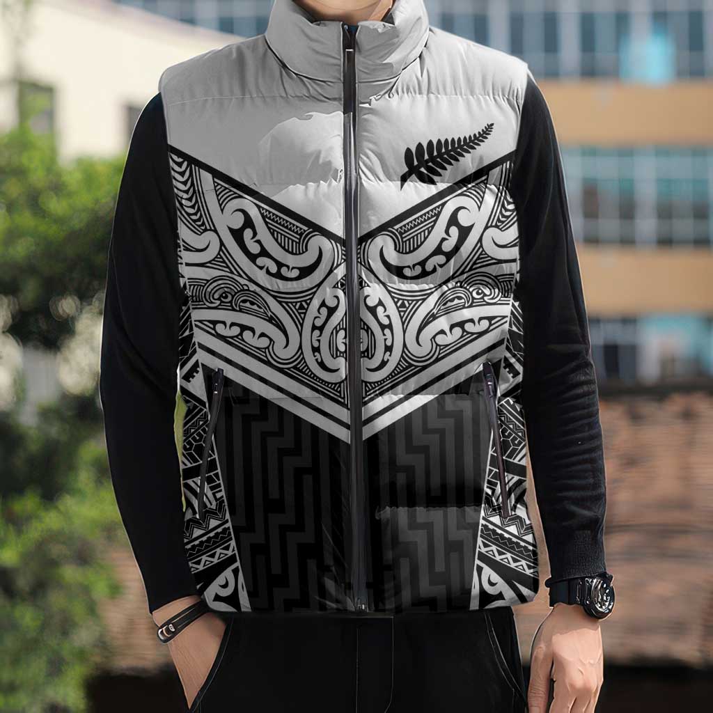 New Zealand Black Fern Custom Sleeveless Puffer Jacket Maori Tukutuku Black-white Motif LT9 - Polynesian Pride