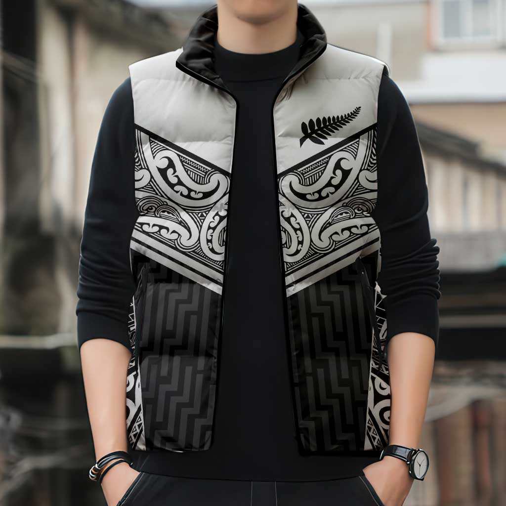 New Zealand Black Fern Custom Sleeveless Puffer Jacket Maori Tukutuku Black-white Motif LT9 - Polynesian Pride