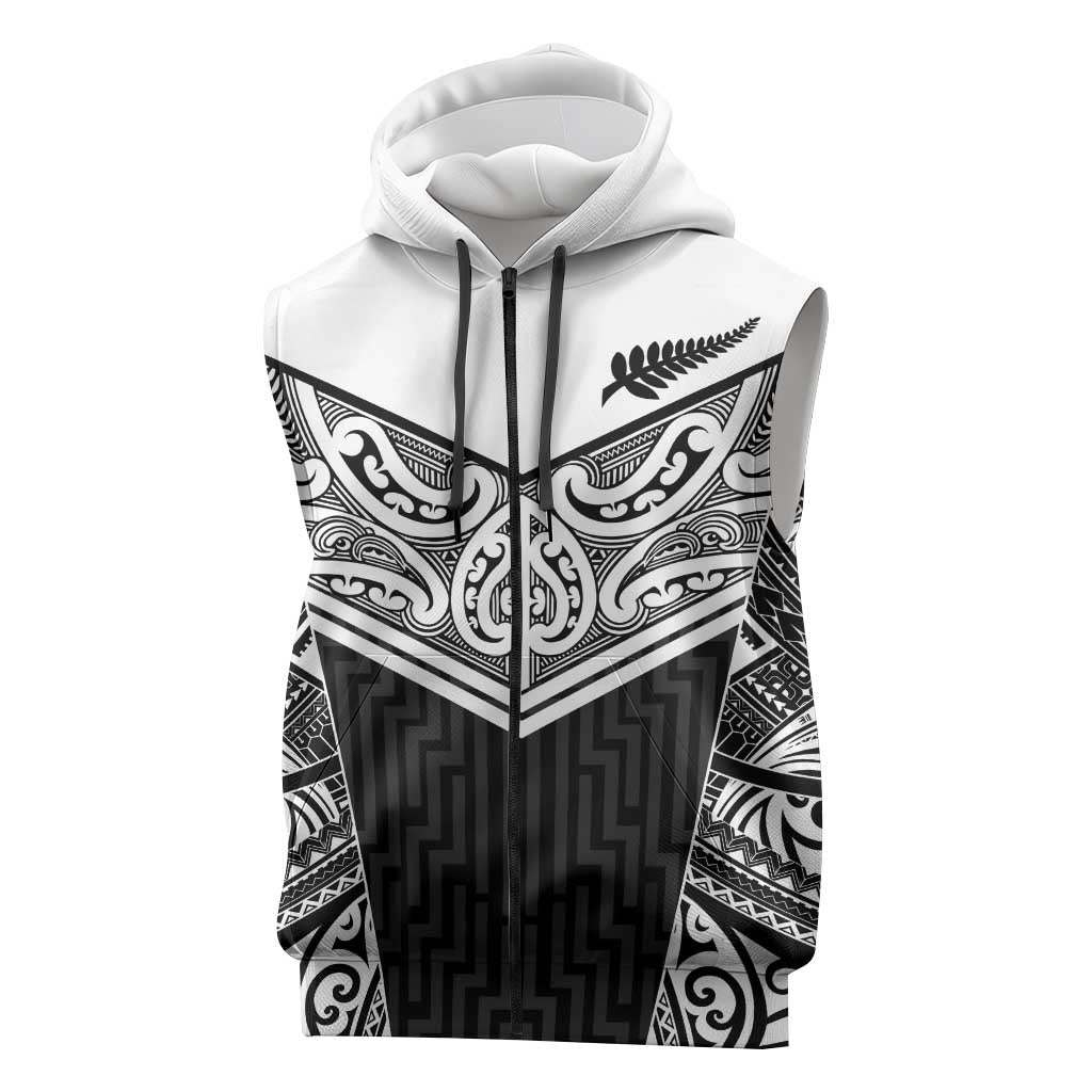 New Zealand Black Fern Custom Sleeveless Zip Hoodie Maori Tukutuku Black-white Motif LT9 White - Polynesian Pride