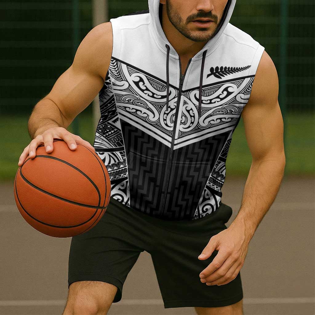New Zealand Black Fern Custom Sleeveless Zip Hoodie Maori Tukutuku Black-white Motif LT9 - Polynesian Pride
