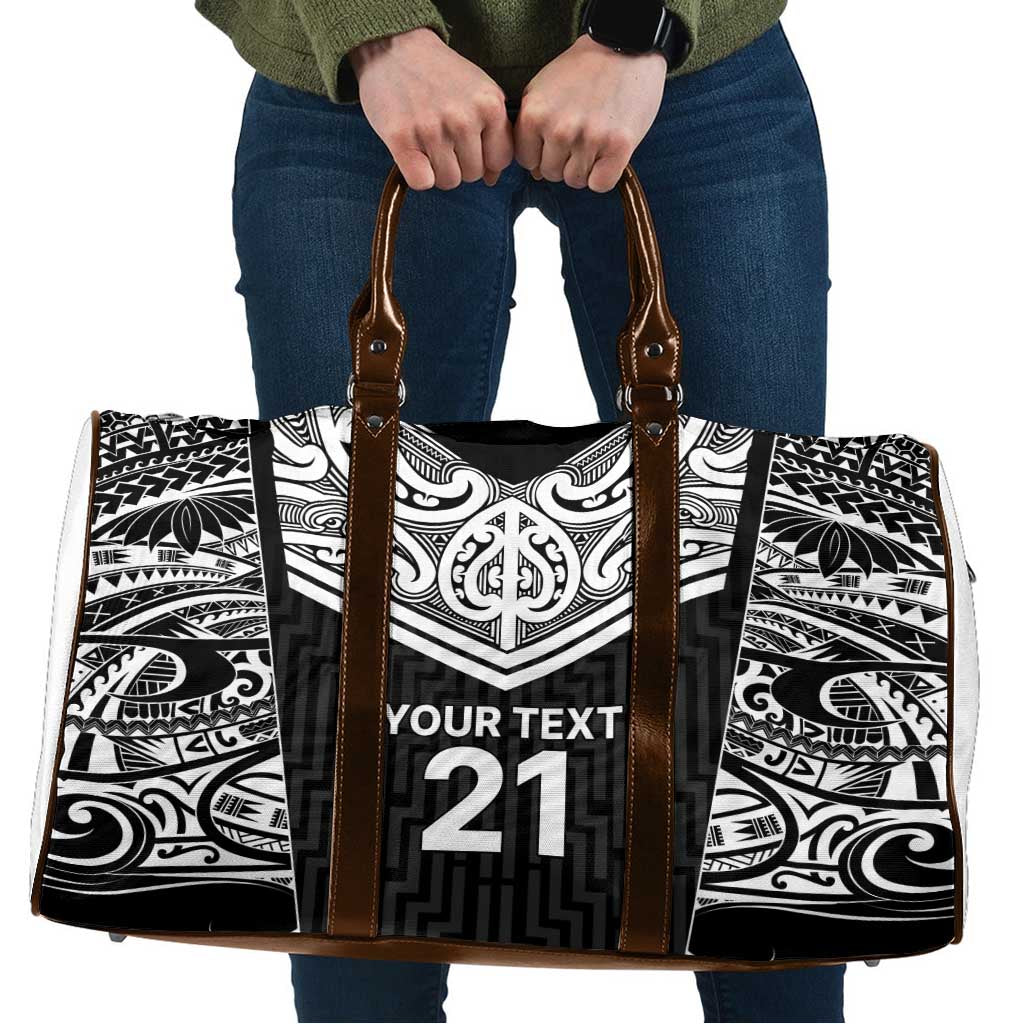 New Zealand Black Fern Custom Travel Bag Maori Tukutuku Black-white Motif - Polynesian Pride