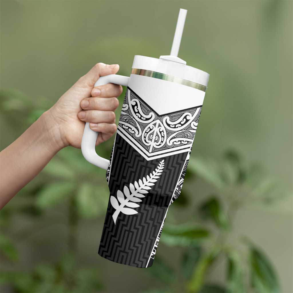 New Zealand Black Fern Custom Tumbler With Handle Maori Tukutuku Black-white Motif LT9 - Polynesian Pride