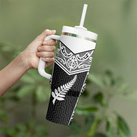 New Zealand Black Fern Custom Tumbler With Handle Maori Tukutuku Black-white Motif LT9 - Polynesian Pride