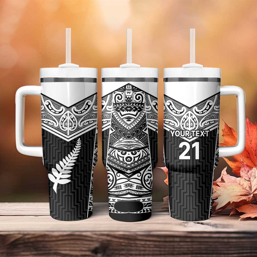 New Zealand Black Fern Custom Tumbler With Handle Maori Tukutuku Black-white Motif LT9 - Polynesian Pride