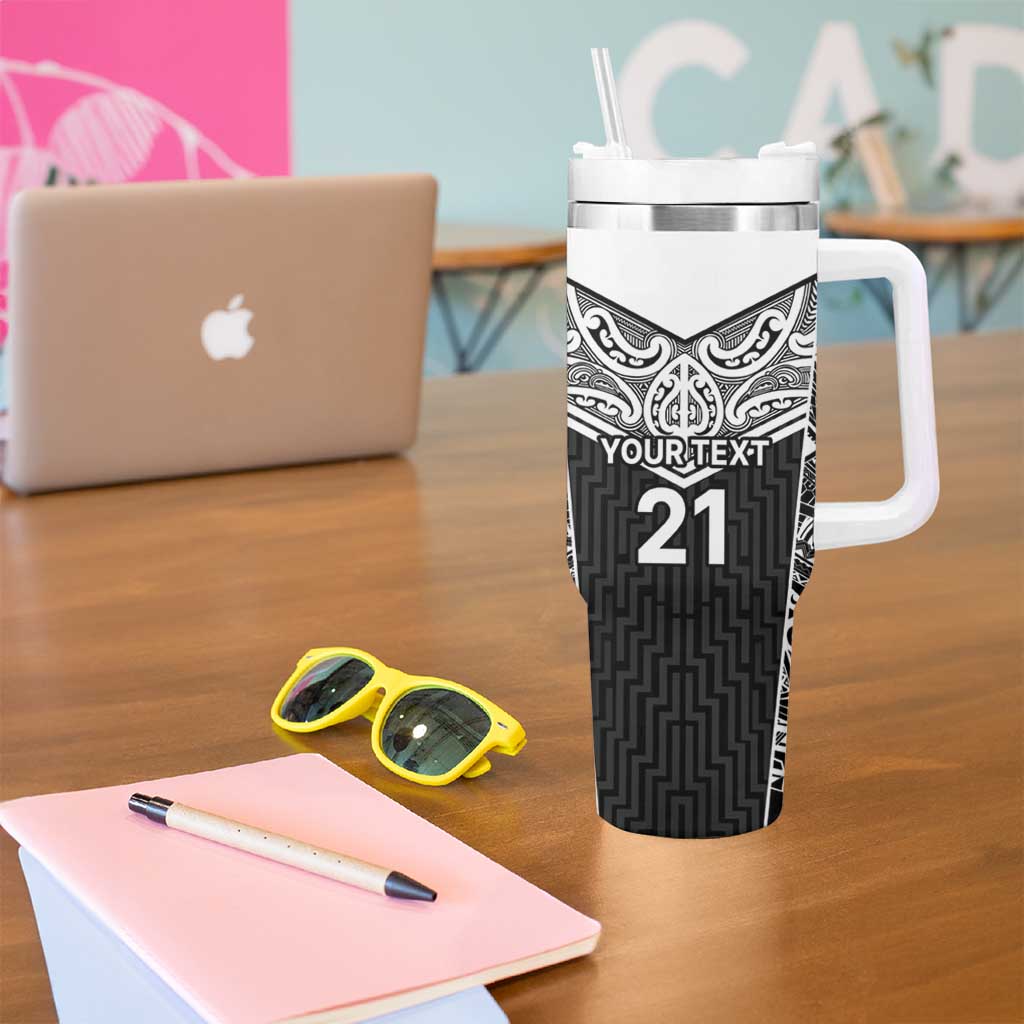 New Zealand Black Fern Custom Tumbler With Handle Maori Tukutuku Black-white Motif LT9 - Polynesian Pride