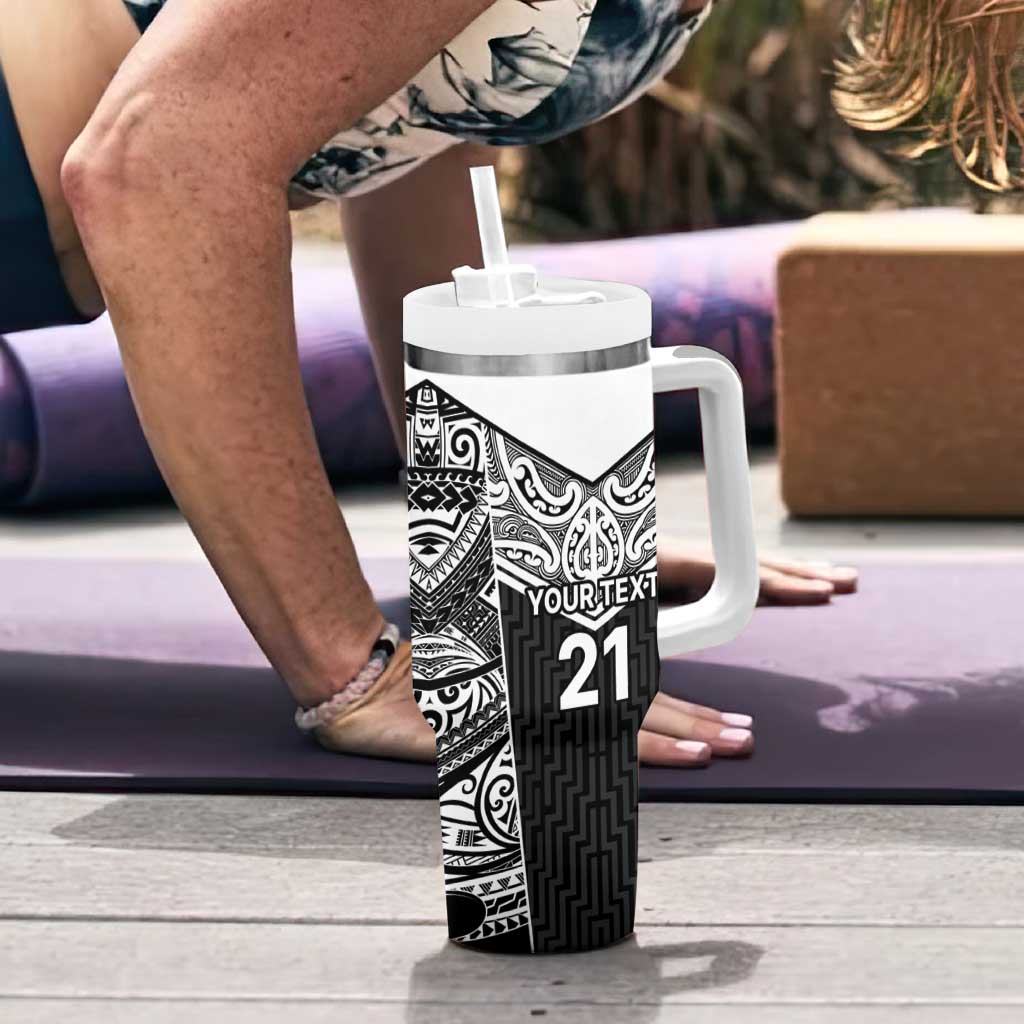 New Zealand Black Fern Custom Tumbler With Handle Maori Tukutuku Black-white Motif LT9 - Polynesian Pride