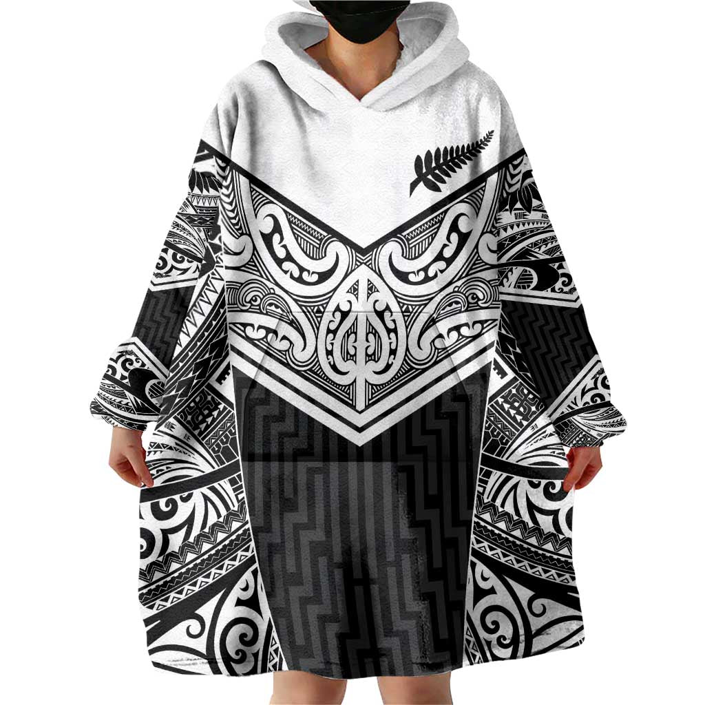 New Zealand Black Fern Custom Wearable Blanket Hoodie Maori Tukutuku Black-white Motif