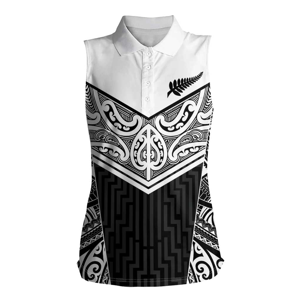 New Zealand Black Fern Custom Women Sleeveless Polo Shirt Maori Tukutuku Black-white Motif