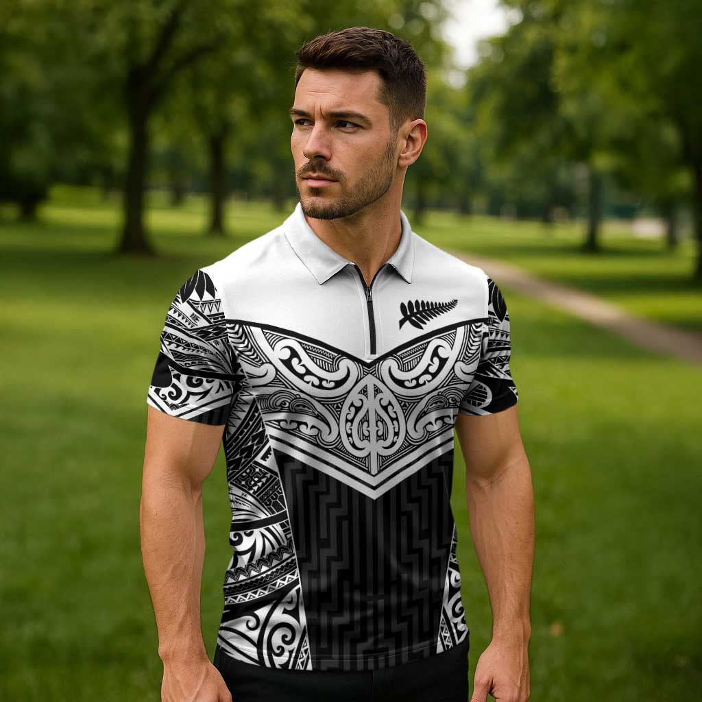 New Zealand Black Fern Custom Zipper Polo Shirt Maori Tukutuku Black-white Motif LT9 - Polynesian Pride