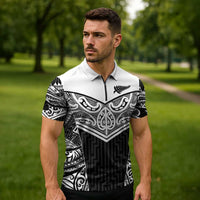 New Zealand Black Fern Custom Zipper Polo Shirt Maori Tukutuku Black-white Motif LT9 - Polynesian Pride