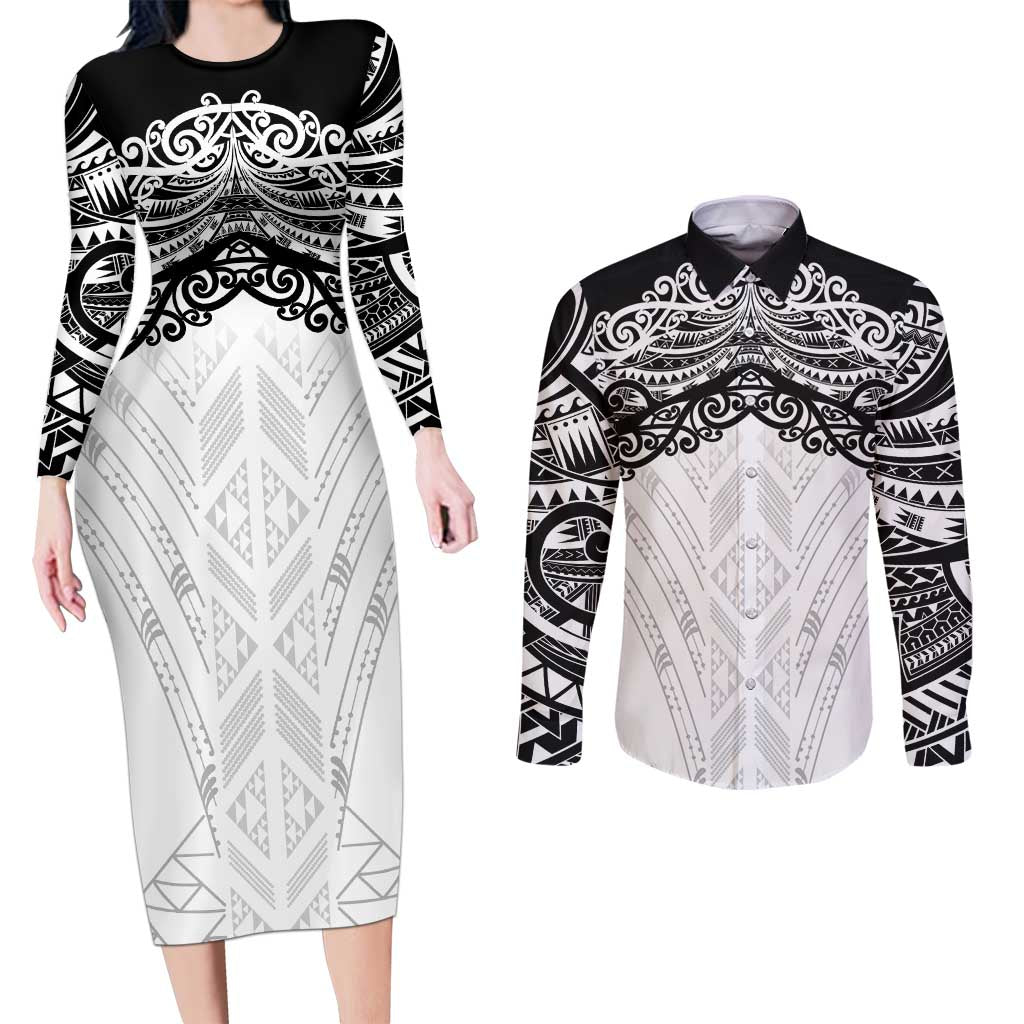 New Zealand Koru Fern Custom Couples Matching Long Sleeve Bodycon Dress and Long Sleeve Button Shirt Simple Taniko Motif LT9 White - Polynesian Pride