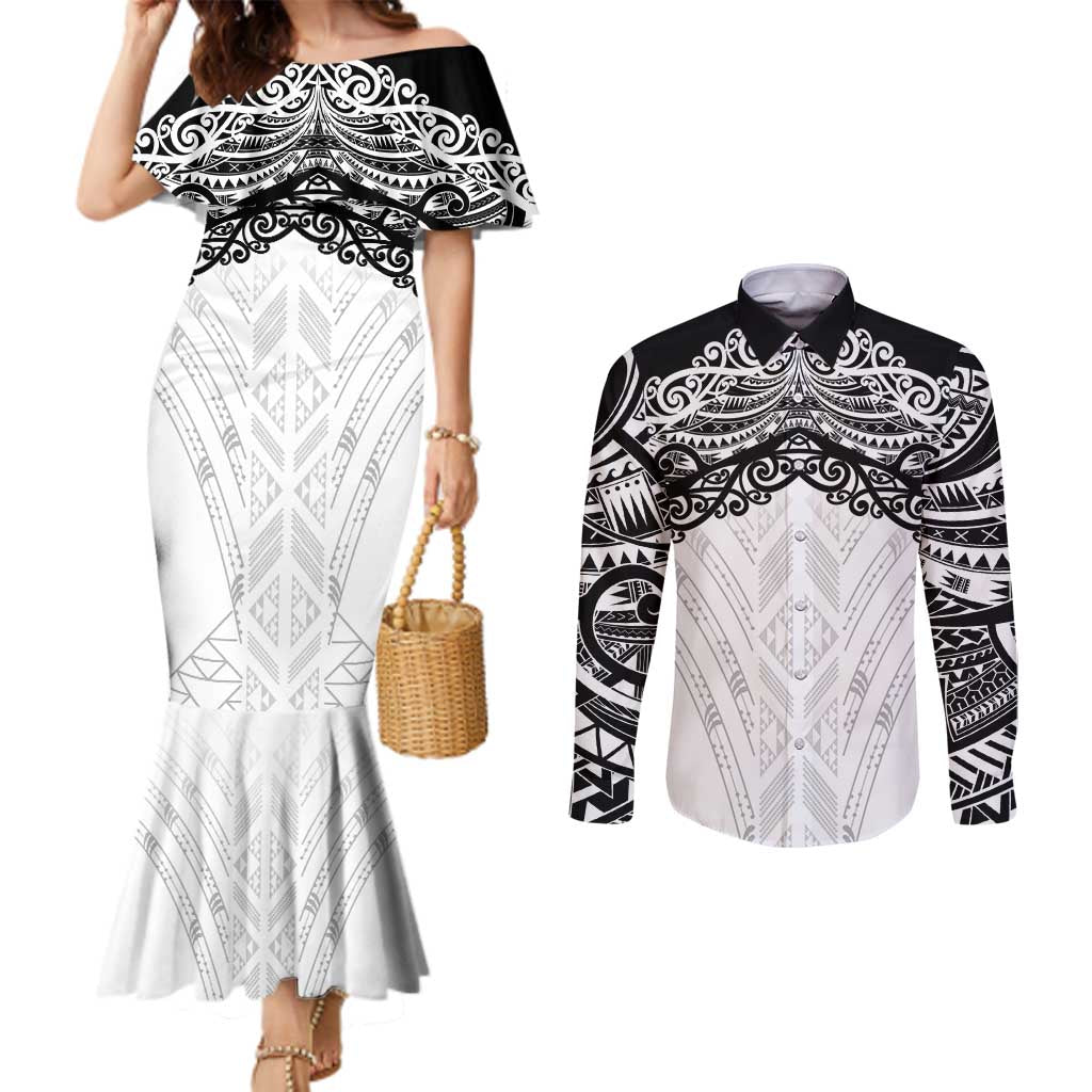 New Zealand Koru Fern Custom Couples Matching Mermaid Dress and Long Sleeve Button Shirt Simple Taniko Motif LT9 White - Polynesian Pride
