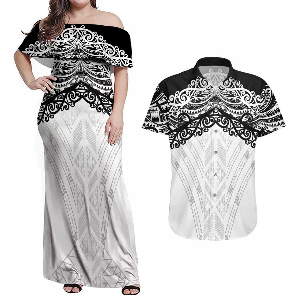 New Zealand Koru Fern Custom Couples Matching Off Shoulder Maxi Dress and Hawaiian Shirt Simple Taniko Motif LT9 White - Polynesian Pride