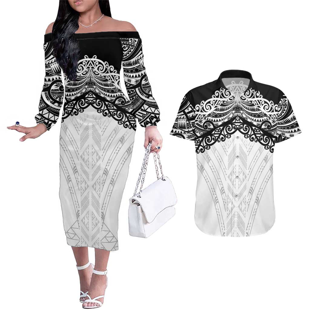 New Zealand Koru Fern Custom Couples Matching Off The Shoulder Long Sleeve Dress and Hawaiian Shirt Simple Taniko Motif LT9 White - Polynesian Pride