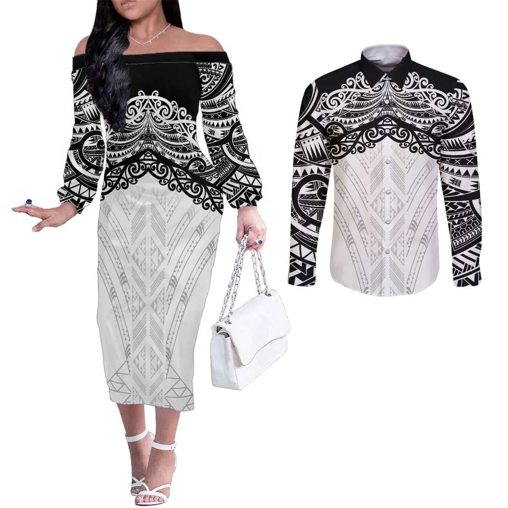 New Zealand Koru Fern Custom Couples Matching Off The Shoulder Long Sleeve Dress and Long Sleeve Button Shirt Simple Taniko Motif LT9 White - Polynesian Pride