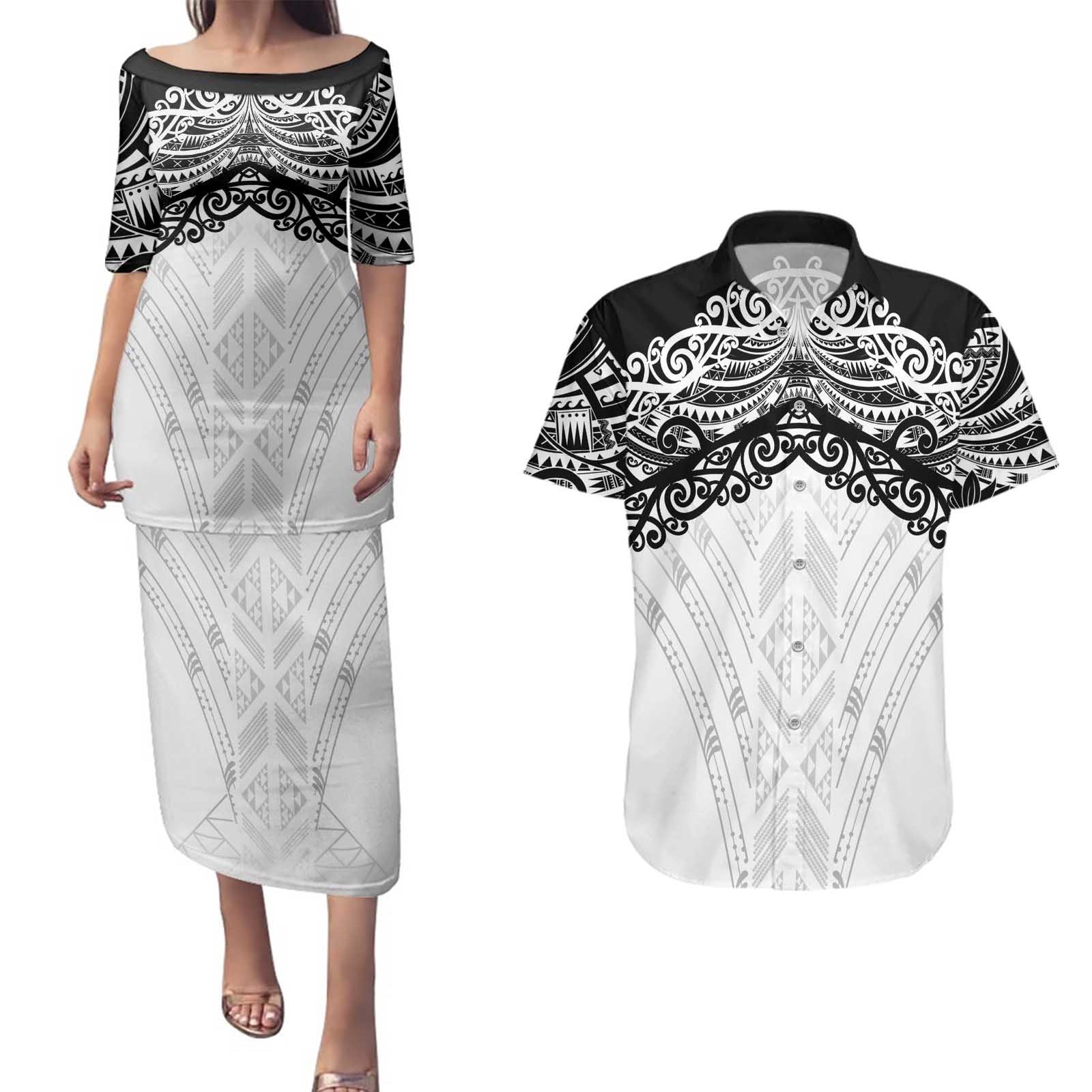 New Zealand Koru Fern Custom Couples Matching Puletasi and Hawaiian Shirt Simple Taniko Motif LT9 White - Polynesian Pride