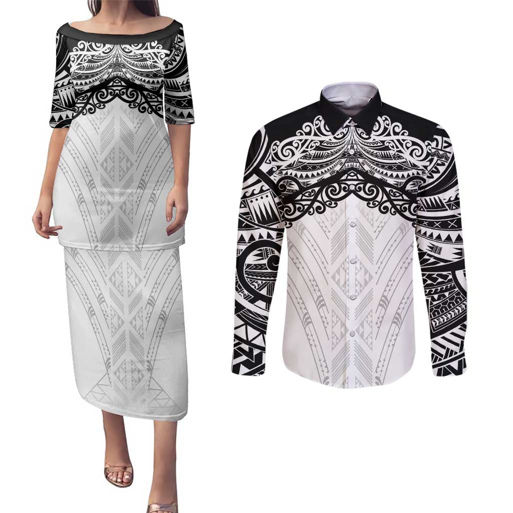 New Zealand Koru Fern Custom Couples Matching Puletasi and Long Sleeve Button Shirt Simple Taniko Motif LT9 White - Polynesian Pride