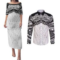New Zealand Koru Fern Custom Couples Matching Puletasi and Long Sleeve Button Shirt Simple Taniko Motif LT9 White - Polynesian Pride