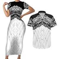 New Zealand Koru Fern Custom Couples Matching Short Sleeve Bodycon Dress and Hawaiian Shirt Simple Taniko Motif LT9 White - Polynesian Pride