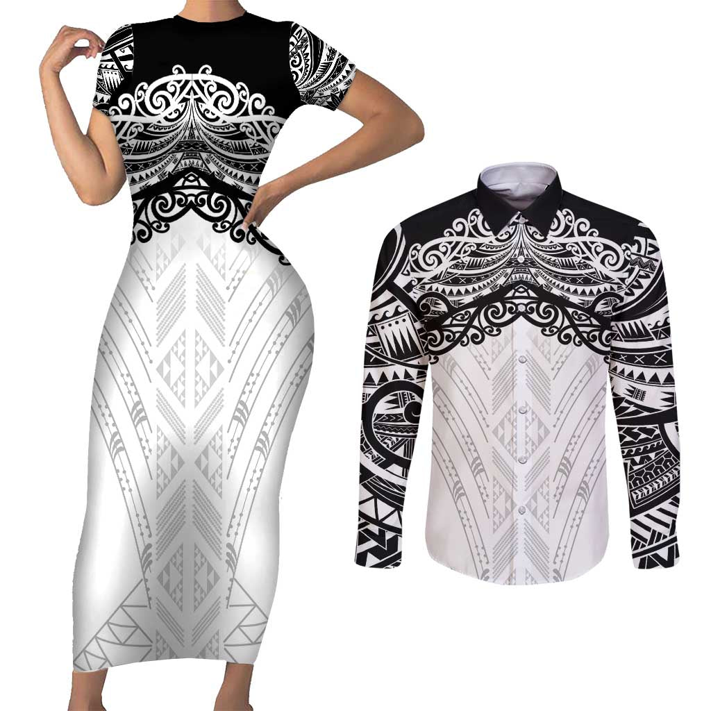 New Zealand Koru Fern Custom Couples Matching Short Sleeve Bodycon Dress and Long Sleeve Button Shirt Simple Taniko Motif LT9 White - Polynesian Pride