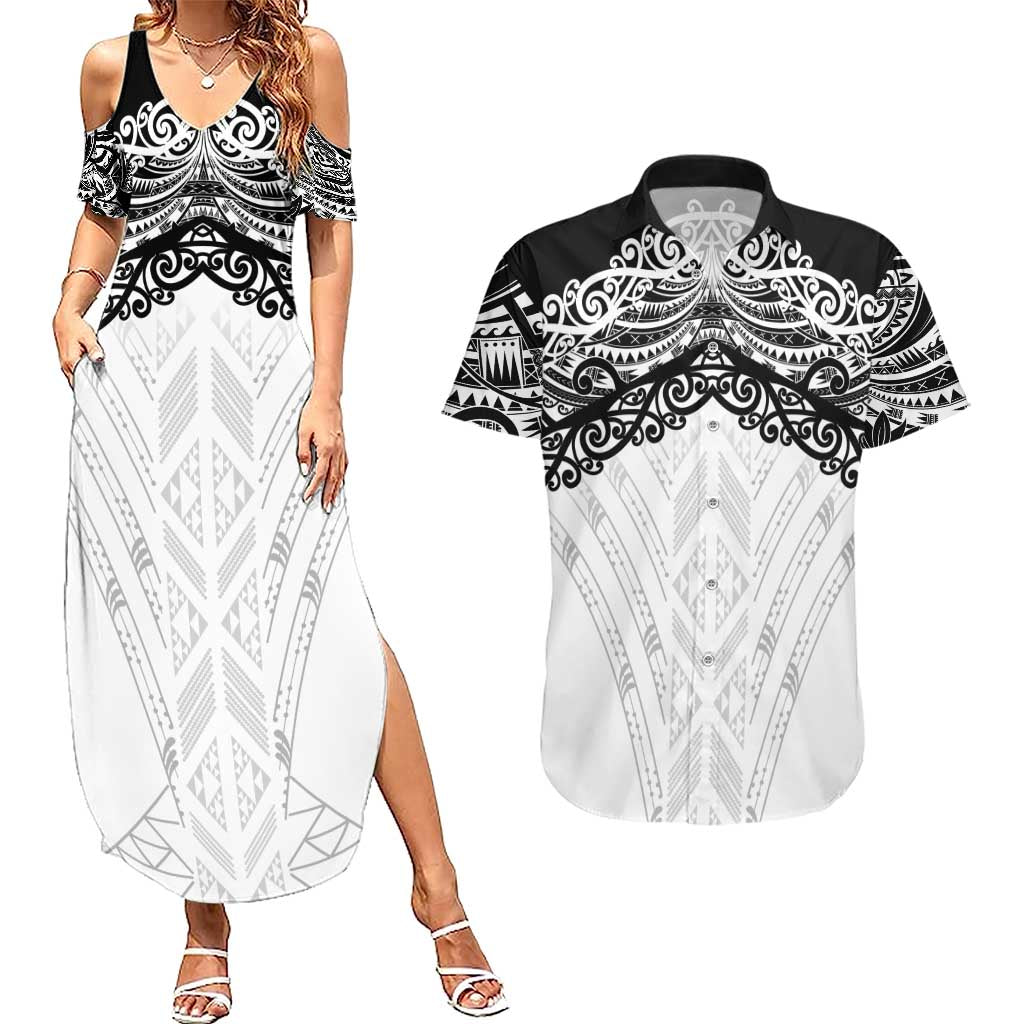 New Zealand Koru Fern Custom Couples Matching Summer Maxi Dress and Hawaiian Shirt Simple Taniko Motif LT9 White - Polynesian Pride