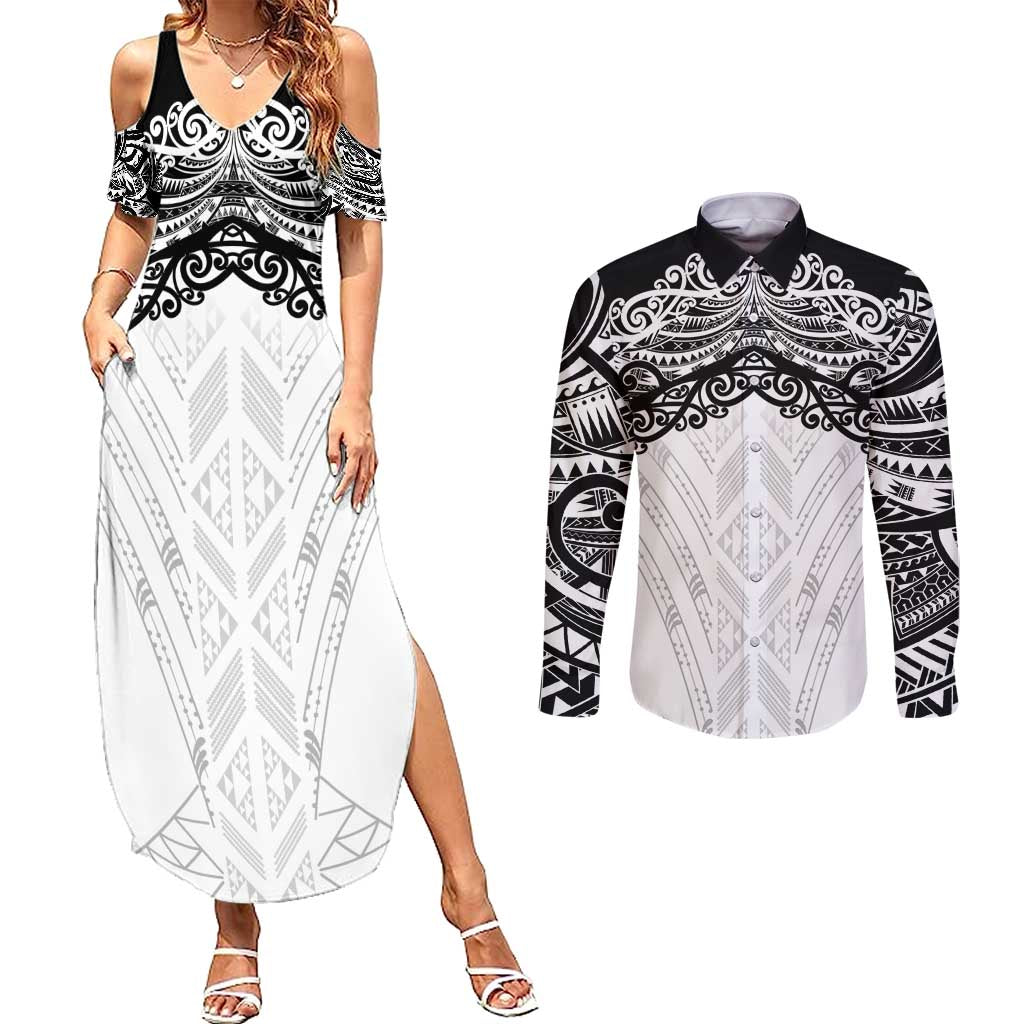 New Zealand Koru Fern Custom Couples Matching Summer Maxi Dress and Long Sleeve Button Shirt Simple Taniko Motif LT9 White - Polynesian Pride