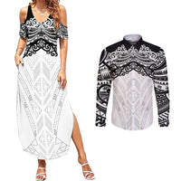 New Zealand Koru Fern Custom Couples Matching Summer Maxi Dress and Long Sleeve Button Shirt Simple Taniko Motif LT9 White - Polynesian Pride