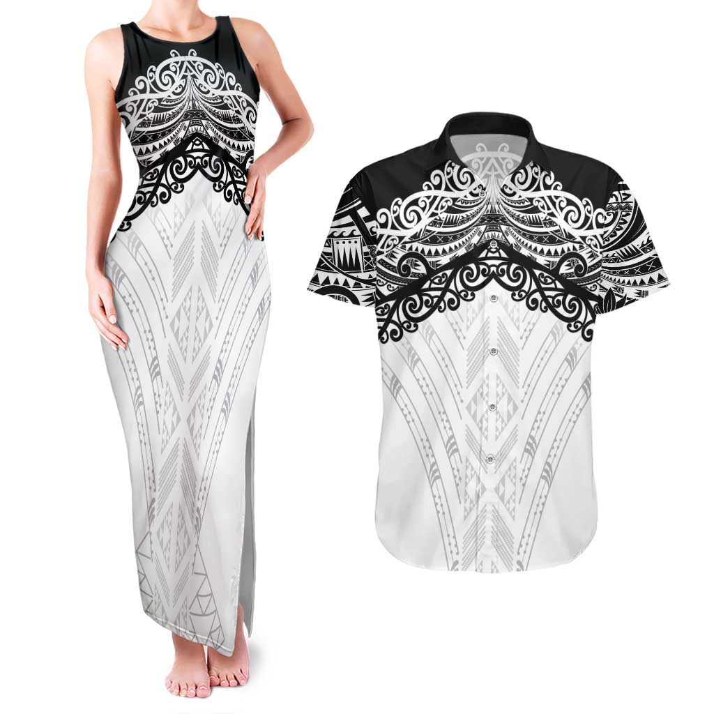 New Zealand Koru Fern Custom Couples Matching Tank Maxi Dress and Hawaiian Shirt Simple Taniko Motif LT9 White - Polynesian Pride