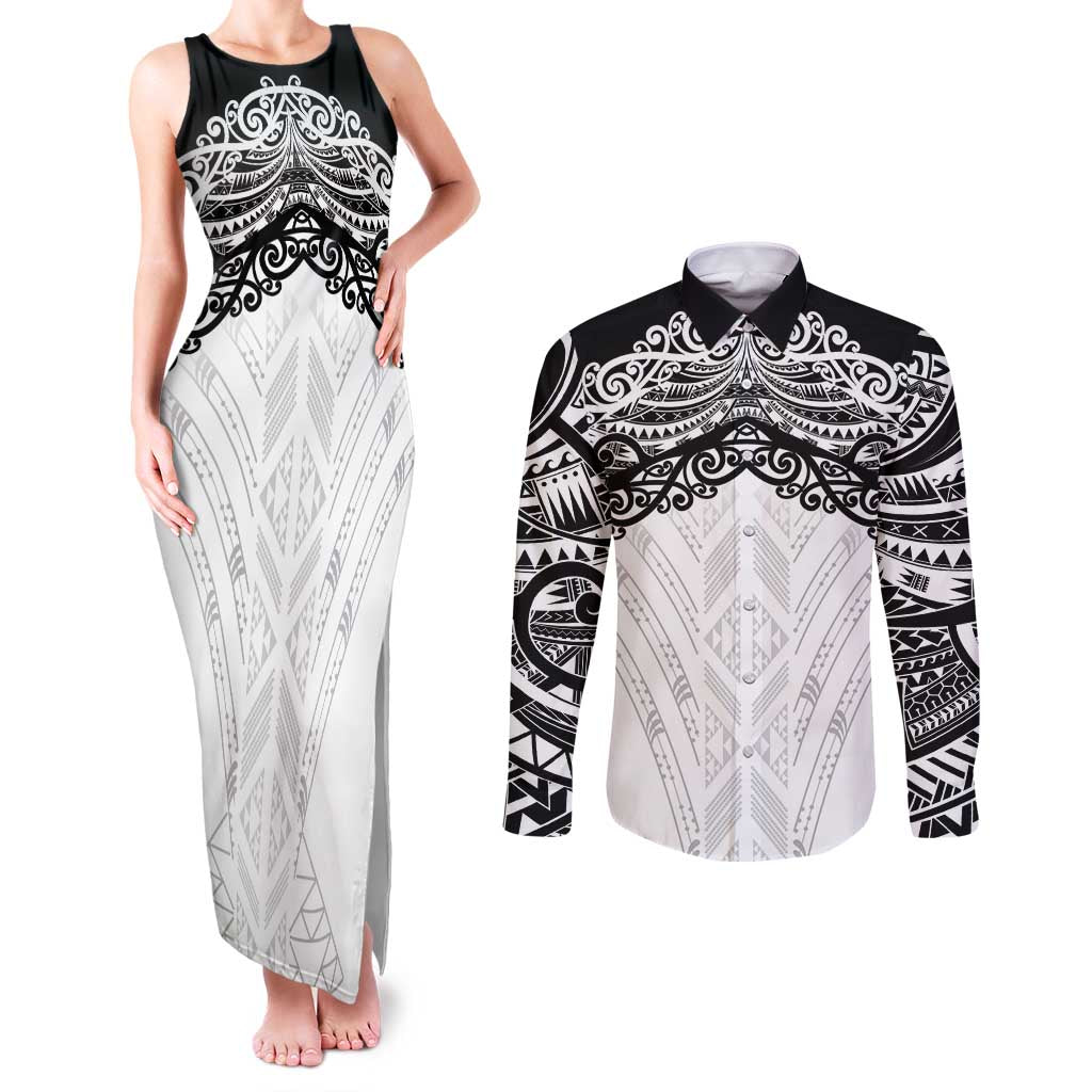 New Zealand Koru Fern Custom Couples Matching Tank Maxi Dress and Long Sleeve Button Shirt Simple Taniko Motif LT9 White - Polynesian Pride