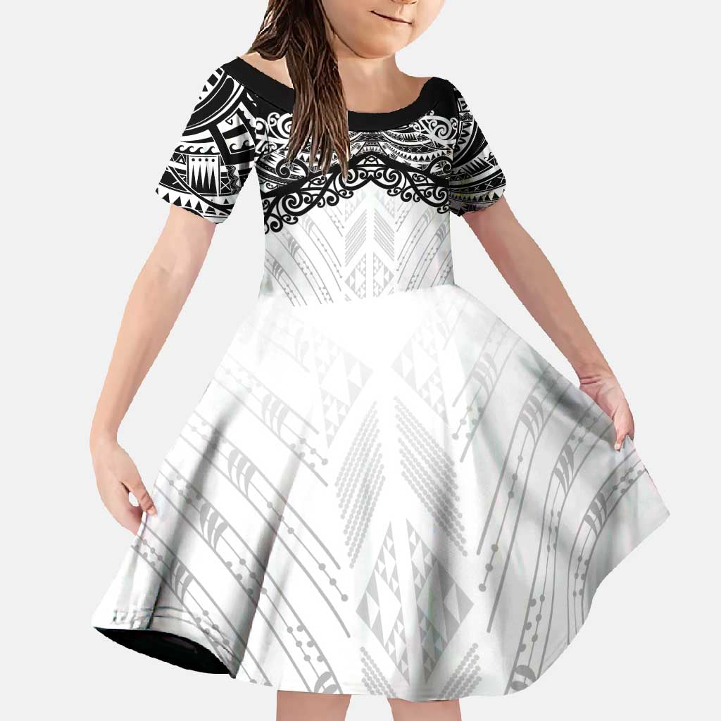 New Zealand Koru Fern Custom Family Matching Long Sleeve Bodycon Dress and Hawaiian Shirt Simple Taniko Motif LT9 Daughter's Dress White - Polynesian Pride