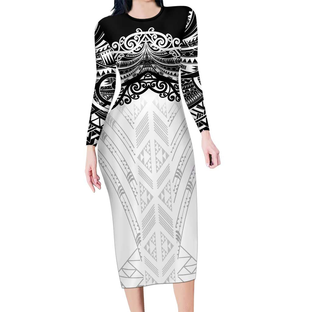New Zealand Koru Fern Custom Family Matching Long Sleeve Bodycon Dress and Hawaiian Shirt Simple Taniko Motif LT9 Mom's Dress White - Polynesian Pride
