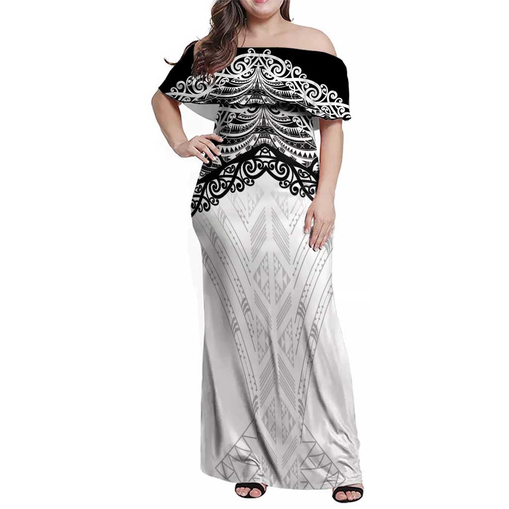 New Zealand Koru Fern Custom Family Matching Off Shoulder Maxi Dress and Hawaiian Shirt Simple Taniko Motif LT9 Mom's Dress White - Polynesian Pride