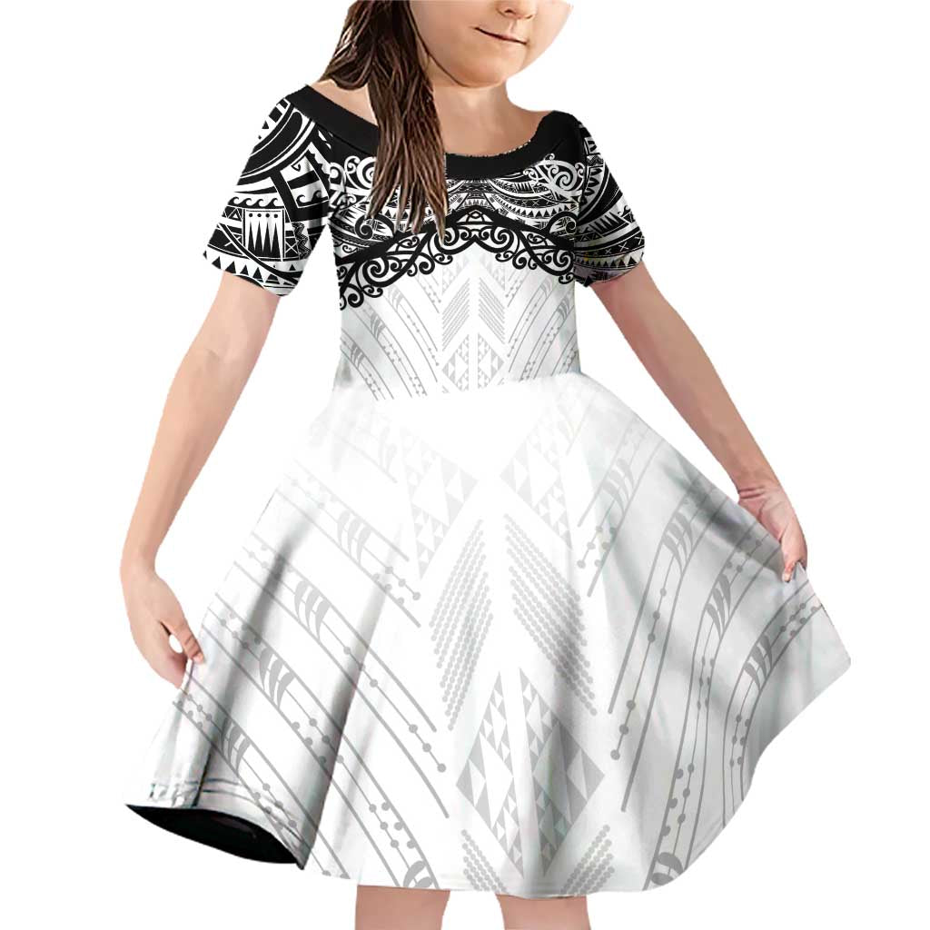 New Zealand Koru Fern Custom Family Matching Off Shoulder Short Dress and Hawaiian Shirt Simple Taniko Motif LT9 Daughter's Dress White - Polynesian Pride