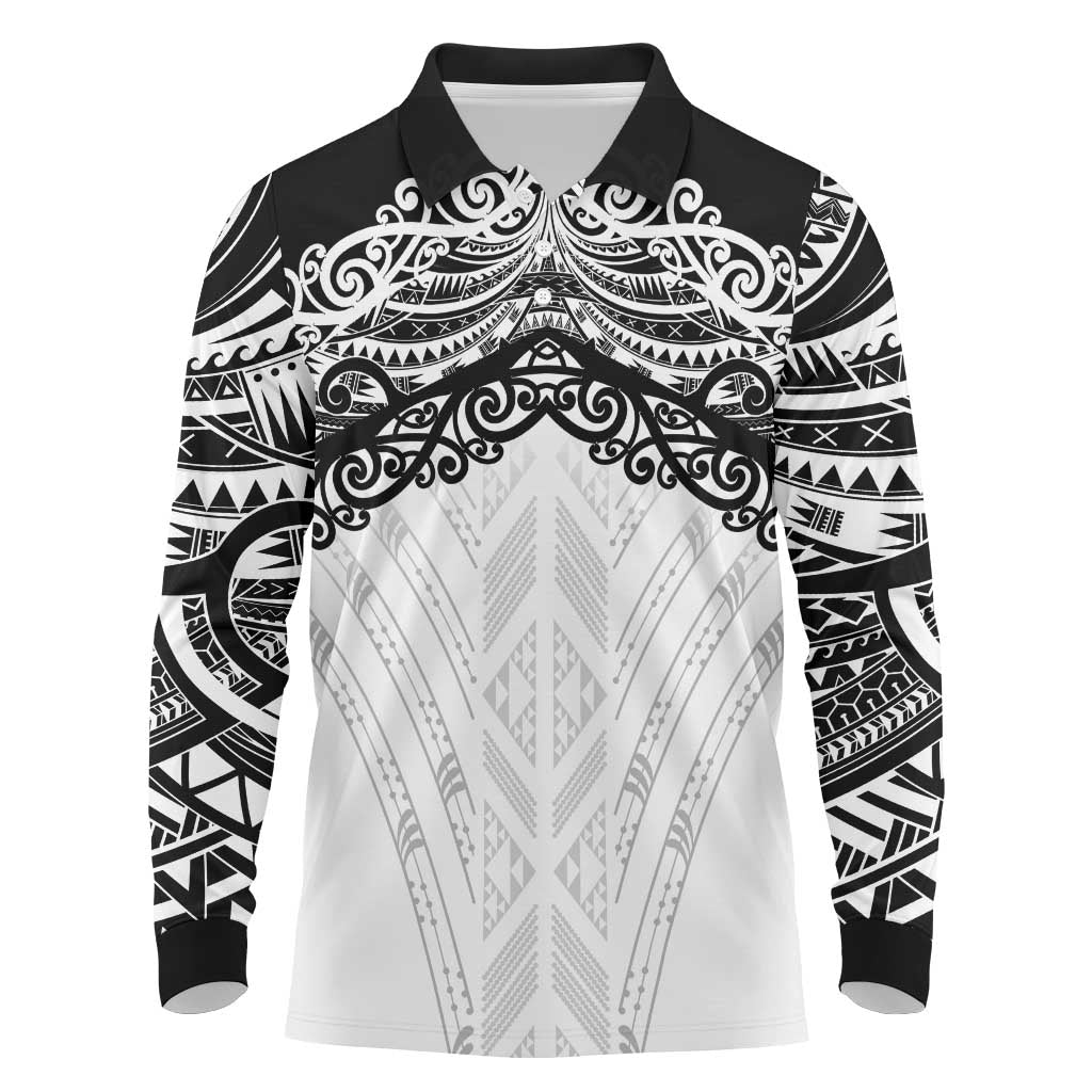 New Zealand Koru Fern Custom Long Sleeve Polo Shirt Simple Taniko Motif LT9 White - Polynesian Pride