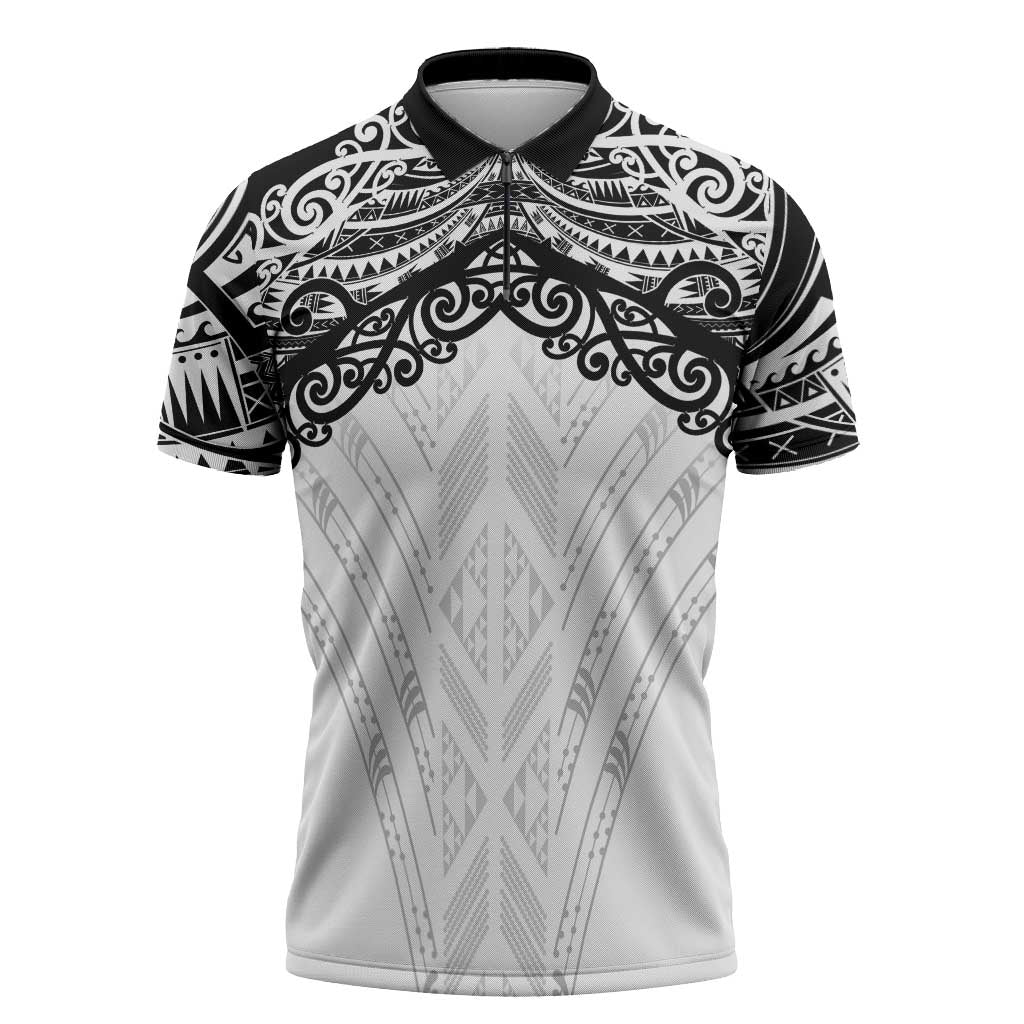 New Zealand Koru Fern Custom Zipper Polo Shirt Simple Taniko Motif LT9 White - Polynesian Pride